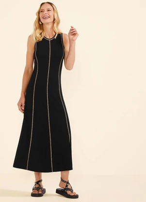 Marialícia - Vestido Feminino Midi Fio Contraste Preto - MARIALÍCIA