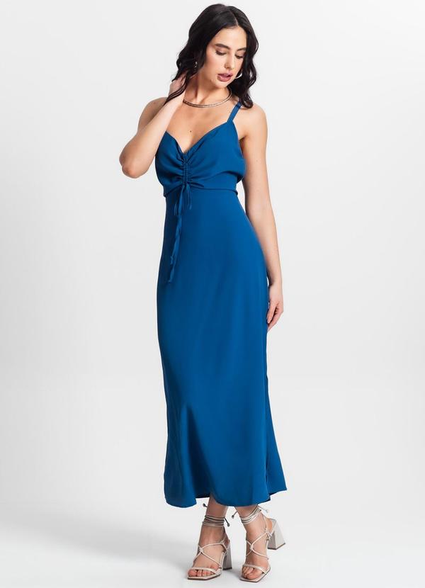 Rovitex - Vestido Feminino Midi Franzido Azul