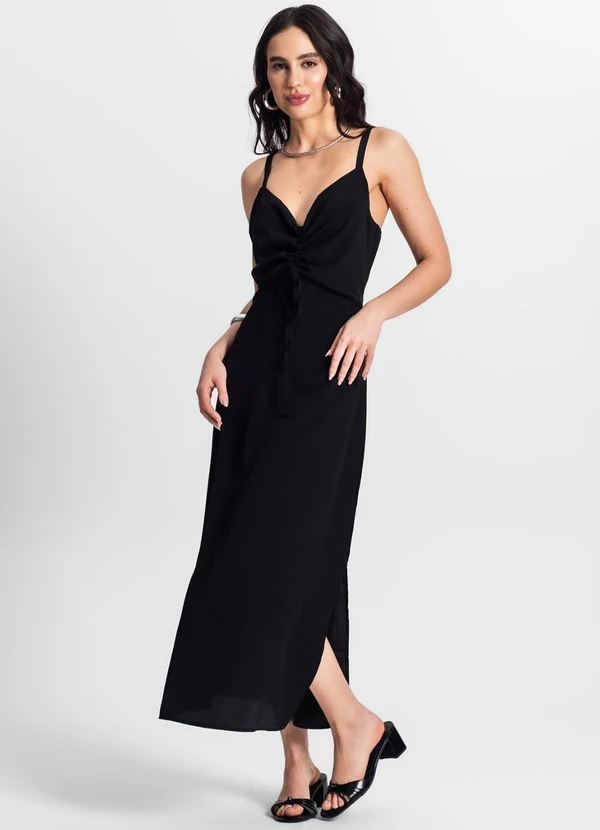 Rovitex Vestido Feminino Midi Franzido Preto - Main Image