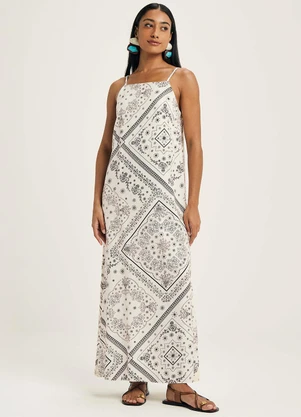 Marialícia - Vestido Feminino Midi Longo Estampado Bege - MARIALÍCIA