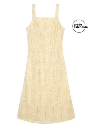 Marialícia - Vestido Feminino Midi Tropical Devorê Amarelo - MARIALÍCIA