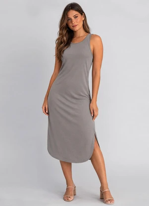 Rovitex - Vestido Feminino Regata Midi com Fenda Cinza - ROVITEX