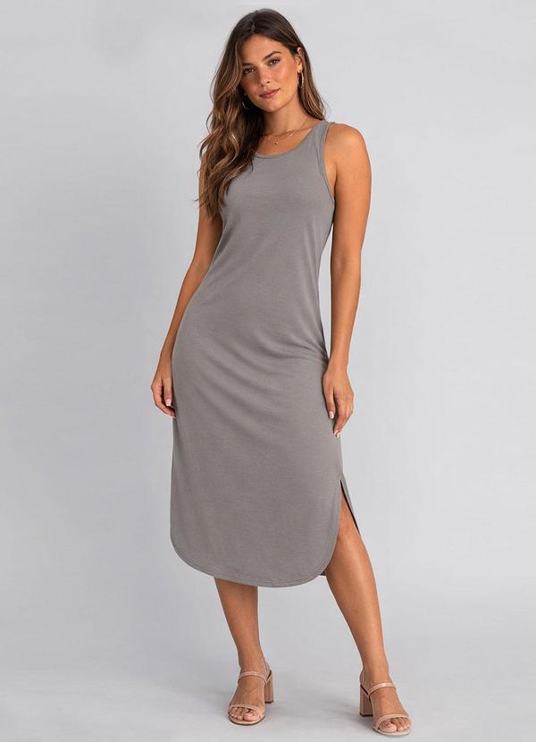 Rovitex - Vestido Feminino Regata Midi com Fenda Cinza