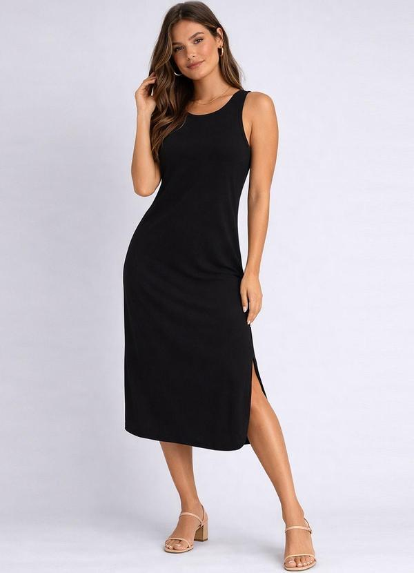 Rovitex - Vestido Feminino Regata Midi com Fenda Preto