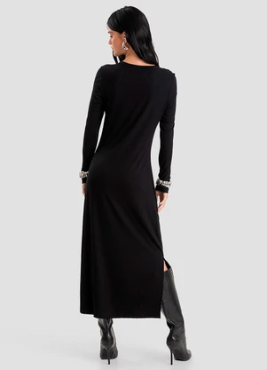 Dianna - Vestido Feminino Super Midi Canelado Preto - DIANNA