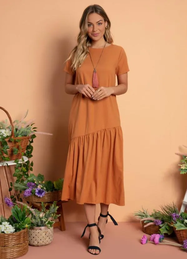 Quintess - Vestido Ferrugem com Bolsos e Barra Assimétrica 2