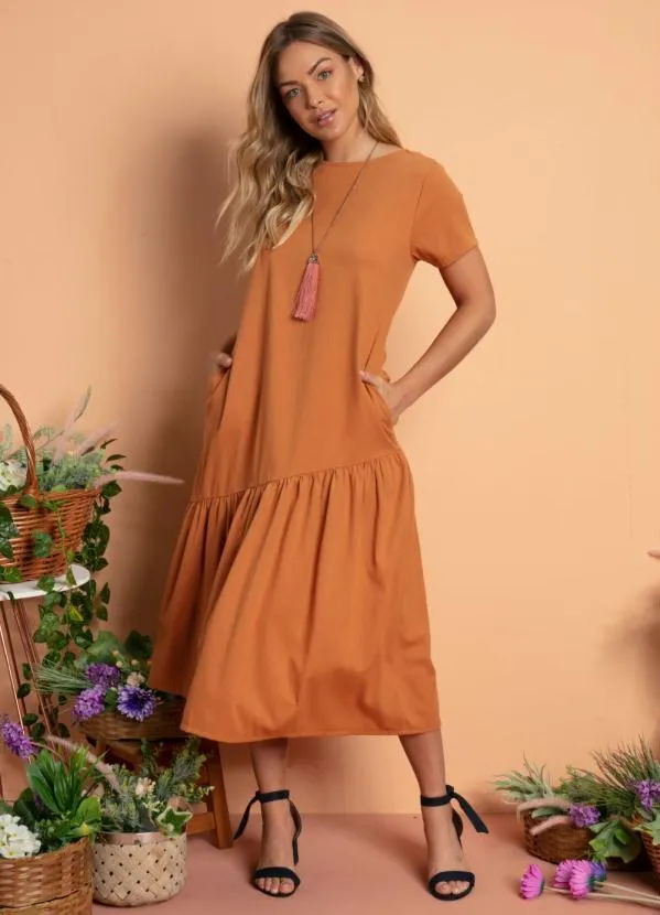 Quintess - Vestido Ferrugem com Bolsos e Barra Assimétrica 4