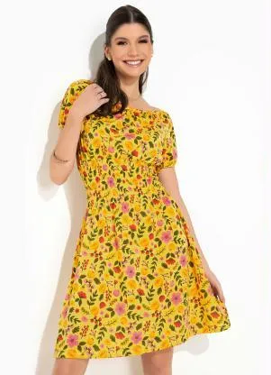 Rosalie - Vestido Floral Amarelo Lástex - ROSALIE