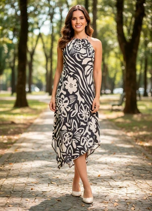 Quintess - Vestido Floral Artístico em Viscose Plana - QUINTESS