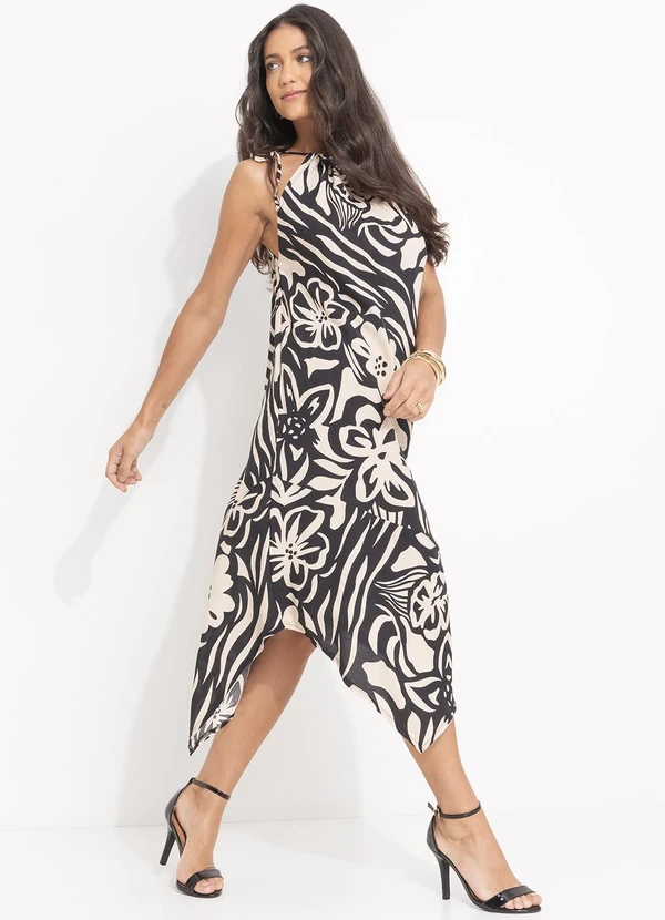 Quintess - Vestido Floral Artístico em Viscose Plana