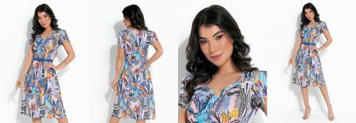 Vestido Floral Azul Amplo Moda Evanglica