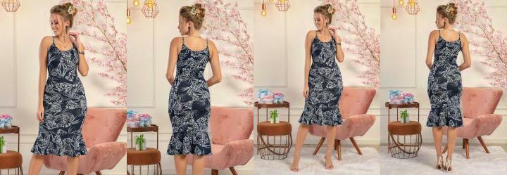Vestido Floral Azul com Babado na Barra