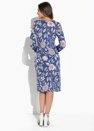Rosalie - Vestido Floral Azul Ombro Vazado - ROSALIE