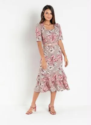 Rosalie - Vestido Floral Bege com Babado - ROSALIE