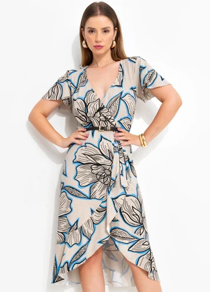 Quintess - Vestido Floral Bege em Malha de Viscose - QUINTESS
