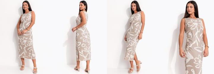 Vestido Floral Bege em Malha de Viscose