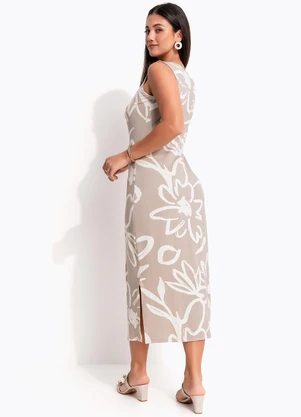 Quintess - Vestido Floral Bege em Malha de Viscose - QUINTESS