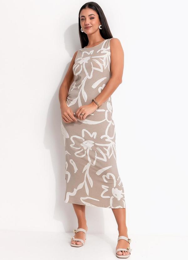 Vestido Floral Bege em Malha de Viscose