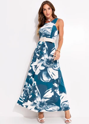 Quintess - Vestido Floral Bicolor em Malha de Viscose - QUINTESS