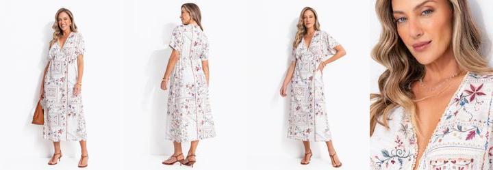 Vestido Longuete Estampa Bordado Decote V Malha Texturizada Cintura El�stica