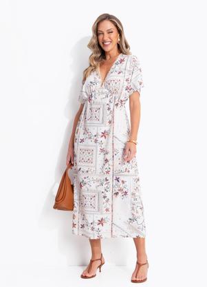 Vestido Longuete Estampa Bordado Decote V Malha Texturizada Cintura El�stica