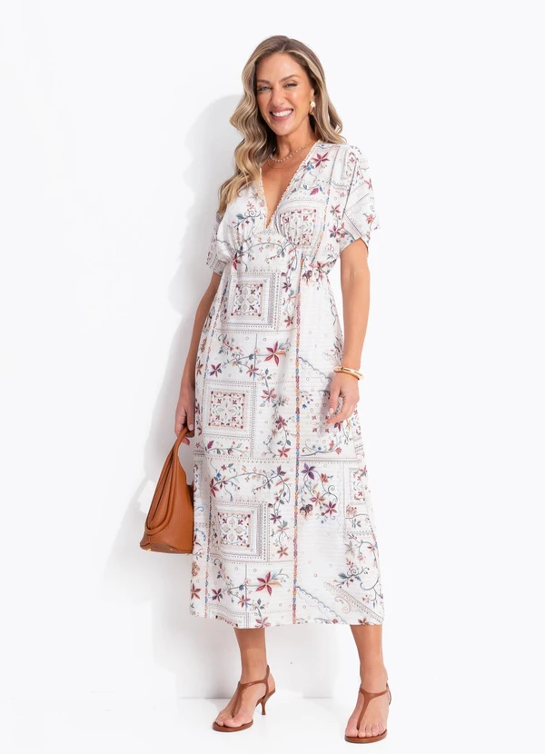 Quintess - Vestido Floral Bordado em Malha Texturizada
