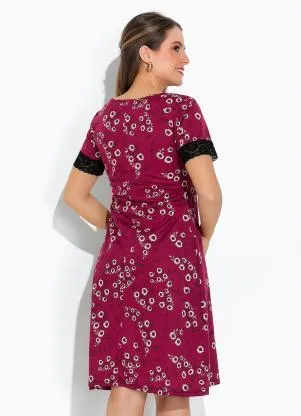 Rosalie - Vestido Floral Bordô com Renda - ROSALIE