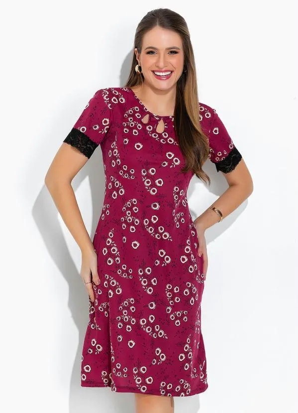 Rosalie - Vestido Floral Bordô com Renda