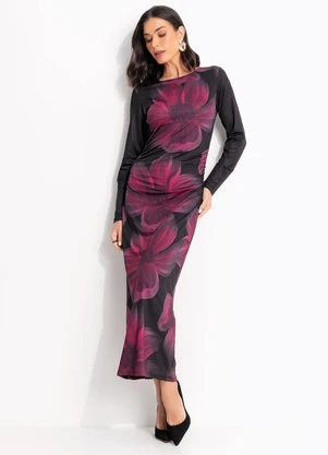 Quintess - Vestido Floral Bordô em Malha Fria - QUINTESS
