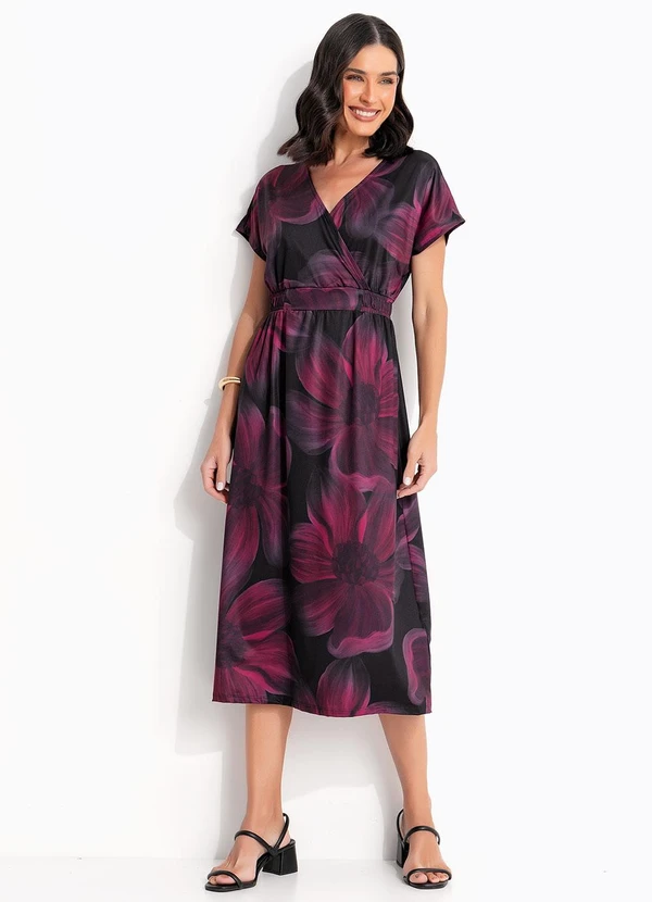 Quintess - Vestido Floral Bordô em Malha Fria