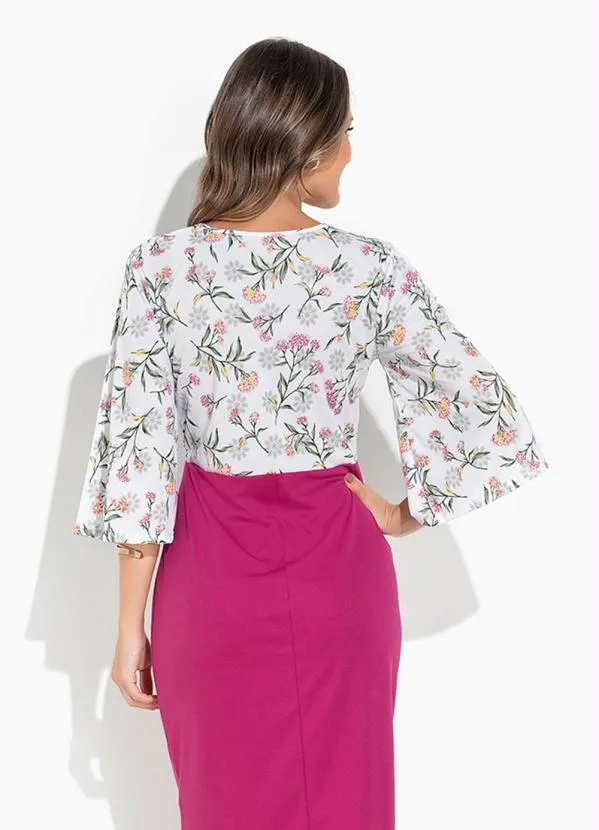 Rosalie - VestidoFloral Branca Manga Ampla 2