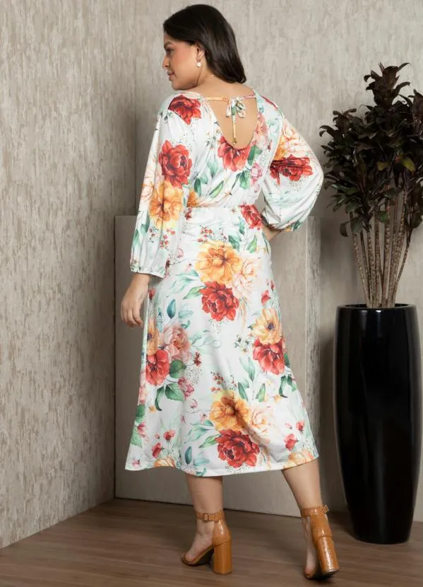 Quintess - Vestido Floral Branco com Amarração nas Costas