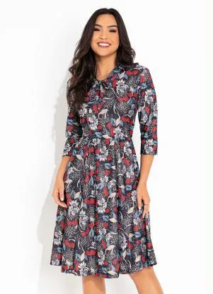 Rosalie - Vestido Floral com Gola Laço - ROSALIE