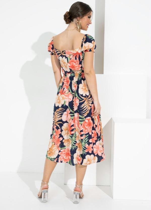 Outlet - Vestido Floral Decote Quadrado em Viscose Plana 2