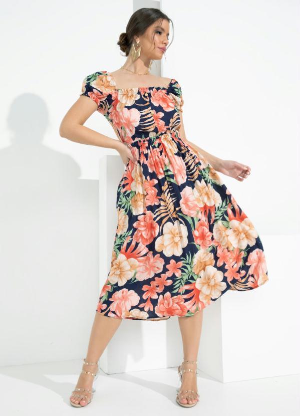 Outlet - Vestido Floral Decote Quadrado em Viscose Plana 3