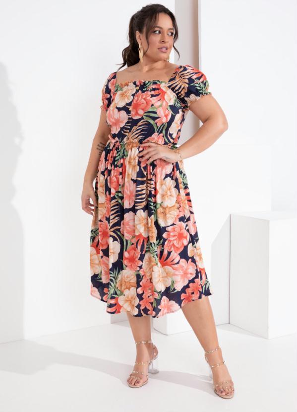 Outlet - Vestido Floral Decote Quadrado em Viscose Plana 4