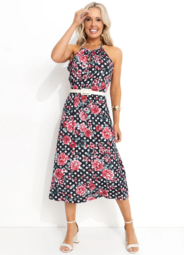 Moda Pop - Vestido Floral e Poá em Poliflex