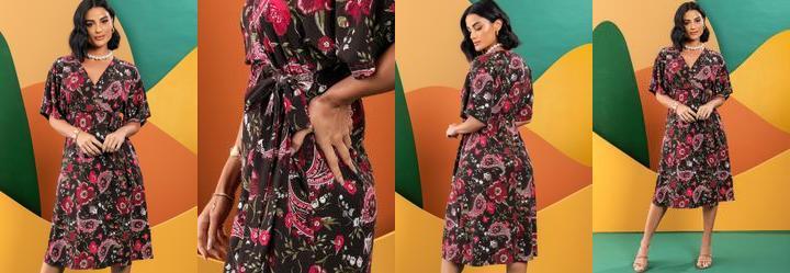 Vestido Floral Folk em Malha de Viscose