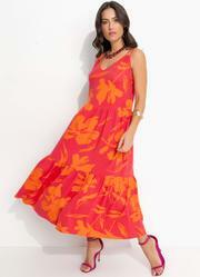 Vestido Floral Laranja em Malha de Viscose
