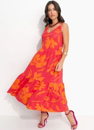 Quintess - Vestido Floral Laranja em Malha de Viscose - QUINTESS