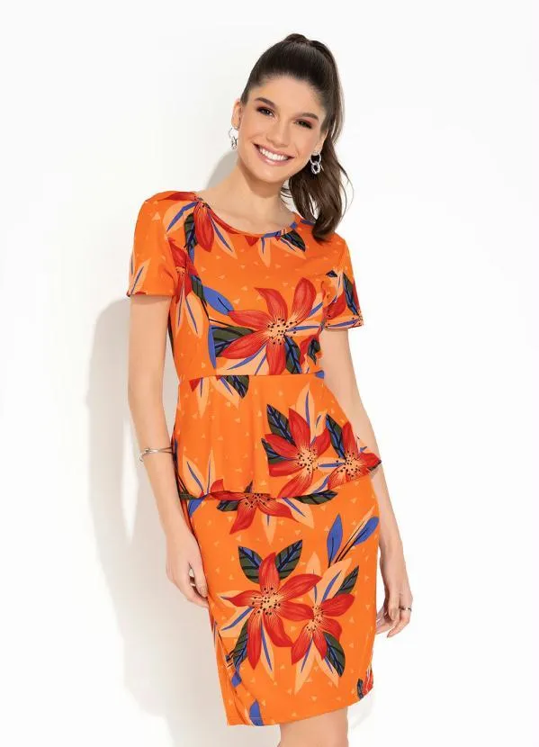 Rosalie Vestido Floral Laranja Peplum
