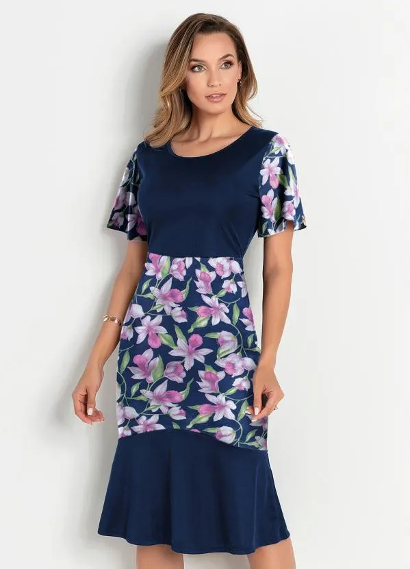 Rosalie - Vestido Floral MarinhoCom Babado