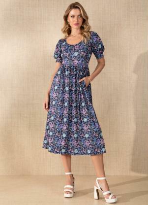 Vestido (Floral Marinho) com Bolsos Funcionais