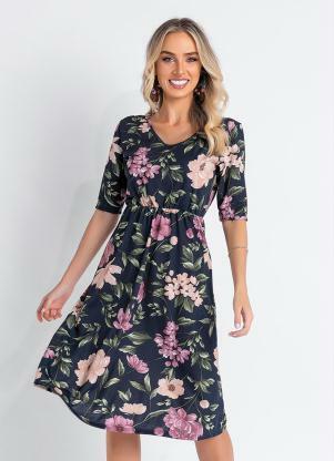 Vestido (Floral Marinho) com Elstico na Cintura