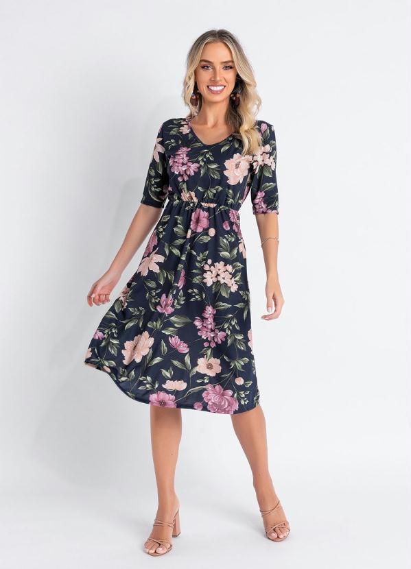 Outlet - Vestido Floral Marinho com Elástico na Cintura 3