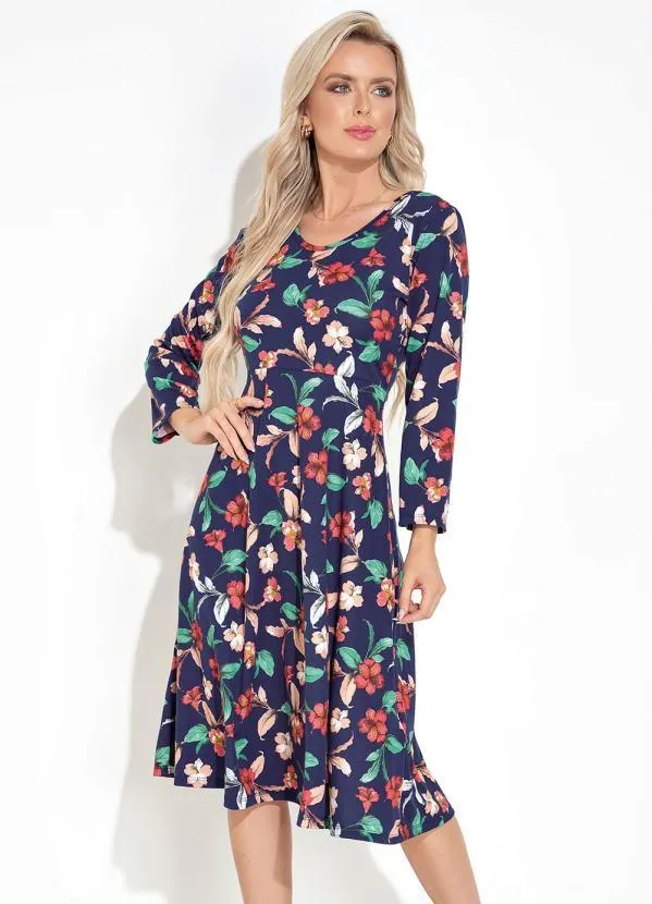 Moda Pop - Vestido Floral Marinho com Mangas Longas