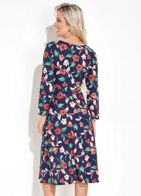 Moda Pop - Vestido Floral Marinho com Mangas Longas 2