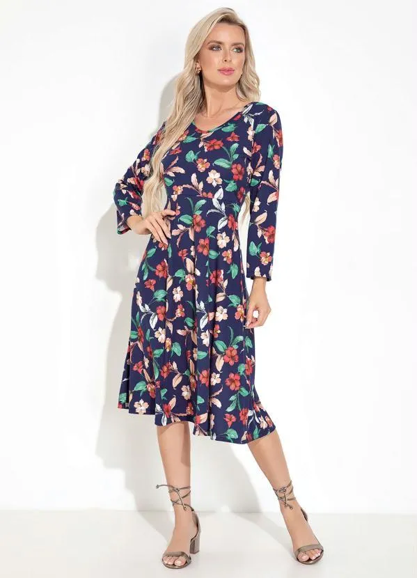 Moda Pop - Vestido Floral Marinho com Mangas Longas 3