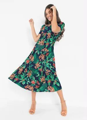 Moda Pop - Vestido Floral Marinho com Recorte em Camadas - MODA POP