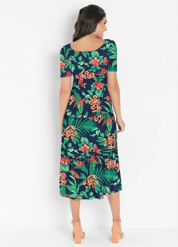 Moda Pop - Vestido Floral Marinho com Recorte em Camadas 2